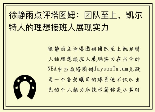徐静雨点评塔图姆：团队至上，凯尔特人的理想接班人展现实力