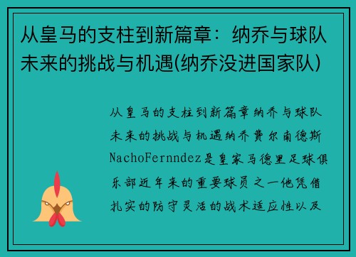 从皇马的支柱到新篇章：纳乔与球队未来的挑战与机遇(纳乔没进国家队)
