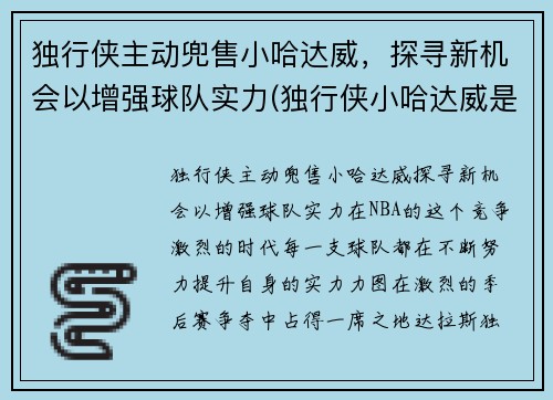独行侠主动兜售小哈达威，探寻新机会以增强球队实力(独行侠小哈达威是谁)