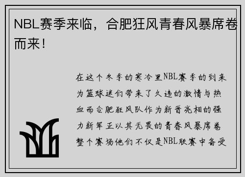 NBL赛季来临，合肥狂风青春风暴席卷而来！