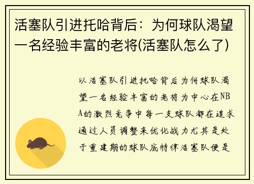活塞队引进托哈背后：为何球队渴望一名经验丰富的老将(活塞队怎么了)