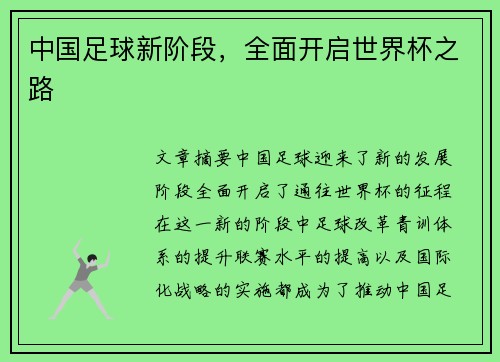中国足球新阶段，全面开启世界杯之路