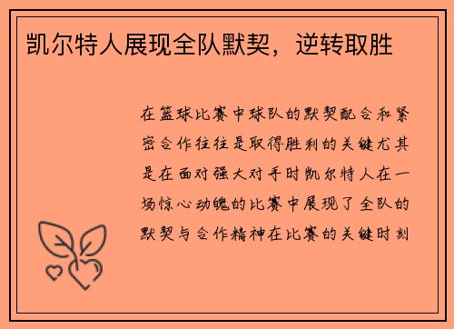 凯尔特人展现全队默契，逆转取胜