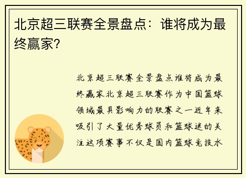 北京超三联赛全景盘点:谁将成为最终赢家?